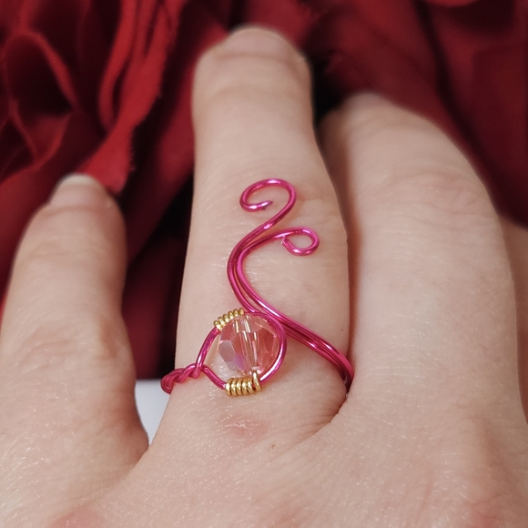 Pink AB Crystal Wire Wrapped Ring HOT Pink Wire Glass Crystal Handmade by me! - Picture 6 of 14